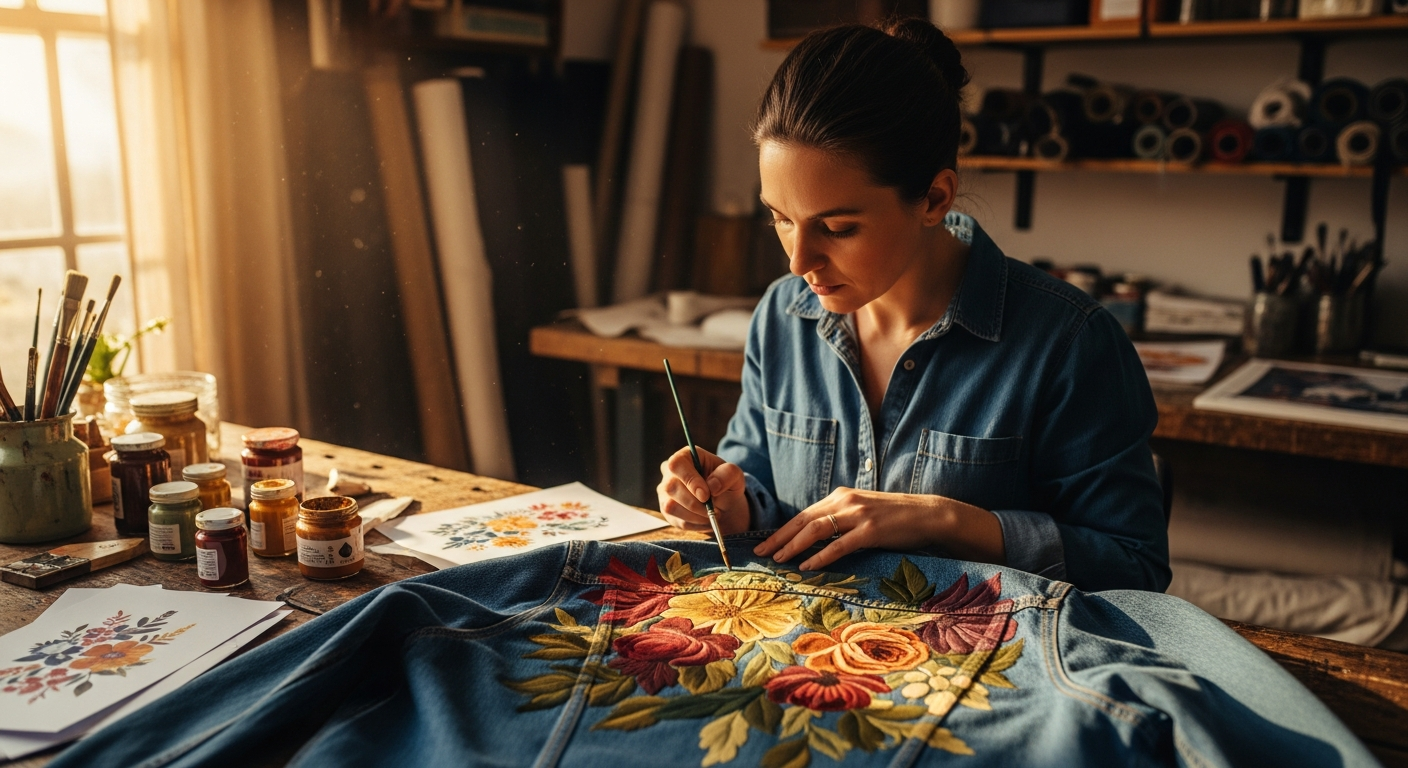 Мастер расписывает джинсовку